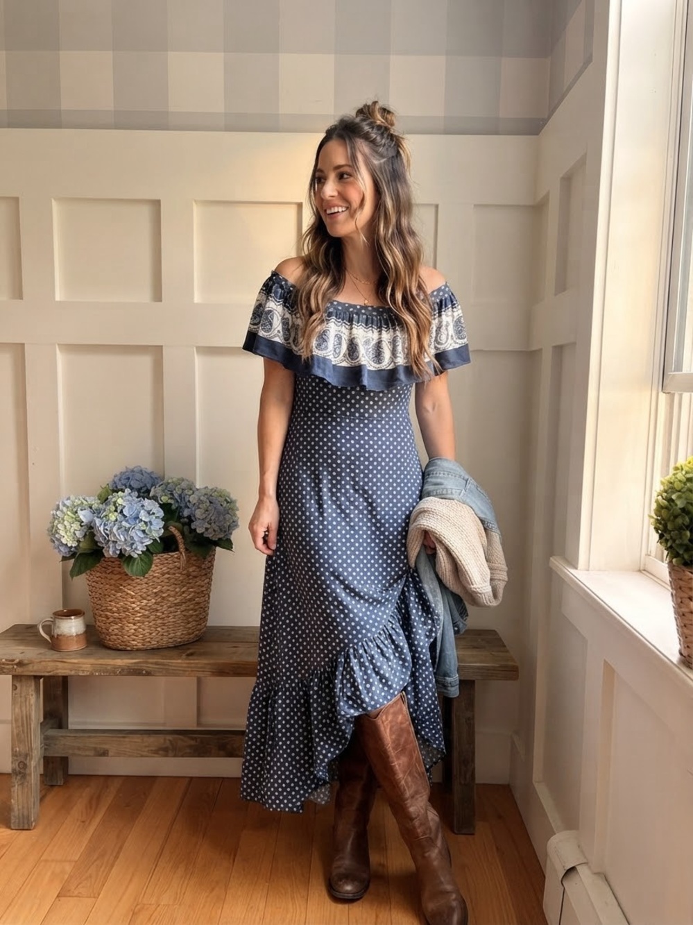 Lands' End Navy and White Off-Shoulder  Polka Dot Maxi Dress Small